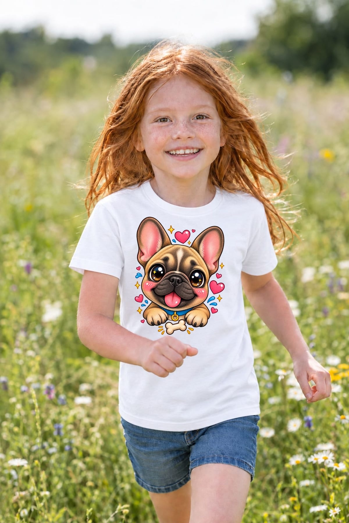 Koszulka dla dziewczynki z buldogiem francuskim biała kawaii, zdjęcie 3