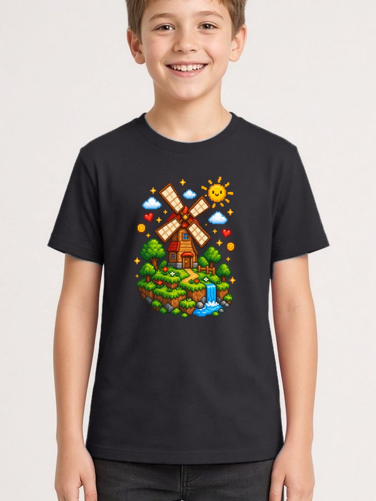 Koszulka z wiatrakiem dla chłopca czarna pixel art w stylu gry, zdjęcie 1