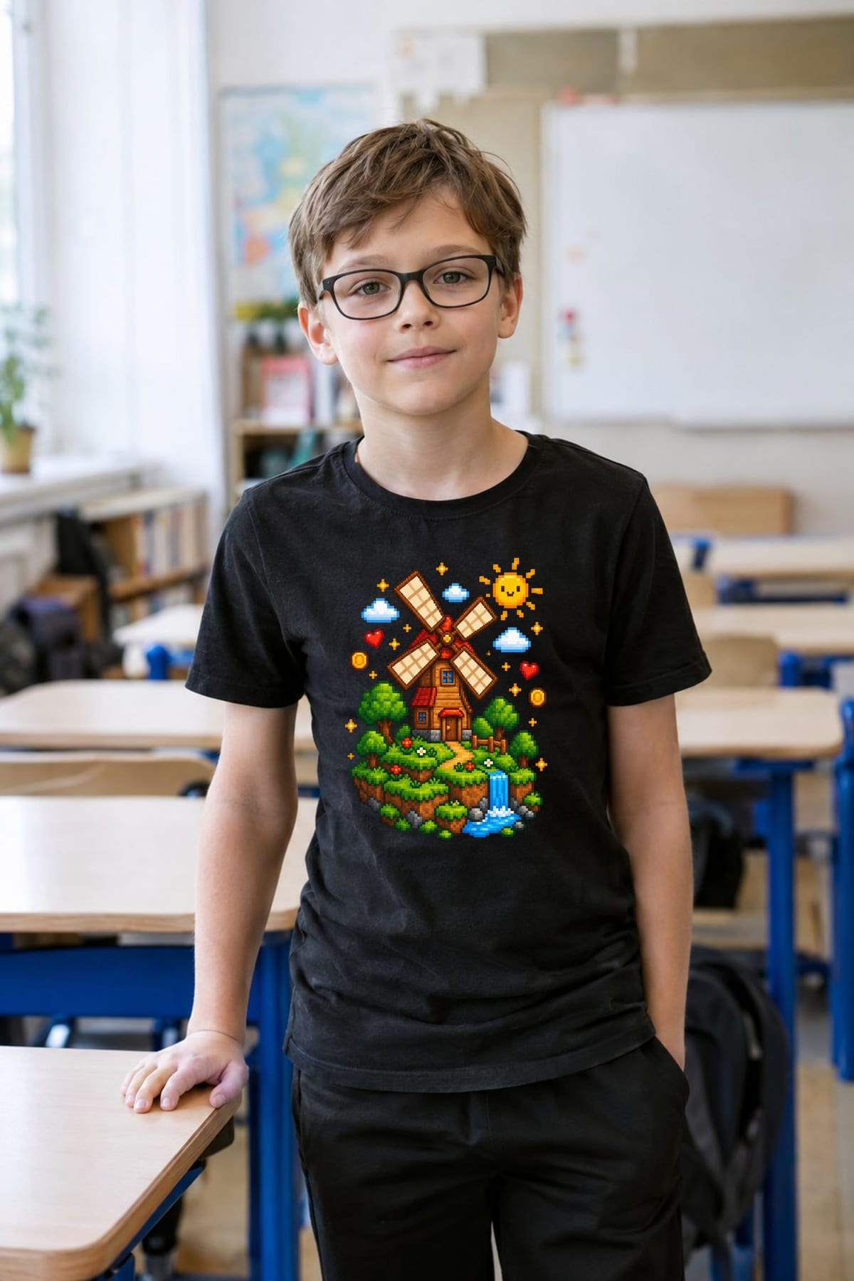 Koszulka z wiatrakiem dla chłopca czarna pixel art w stylu gry, zdjęcie 6