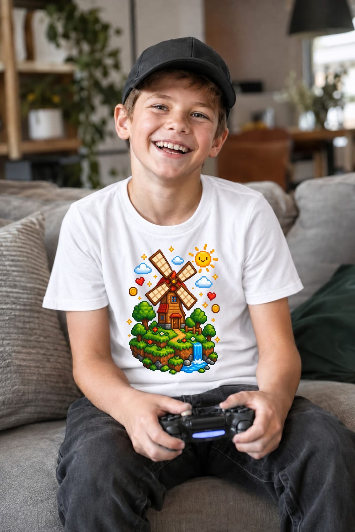 Koszulka z wiatrakiem dla chłopca biała pixel art w stylu gry, zdjęcie 3