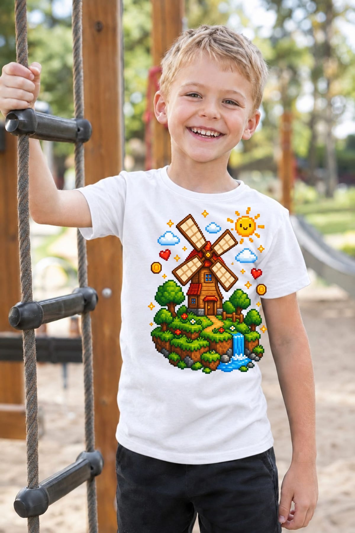 Koszulka z wiatrakiem dla chłopca biała pixel art w stylu gry, zdjęcie 4