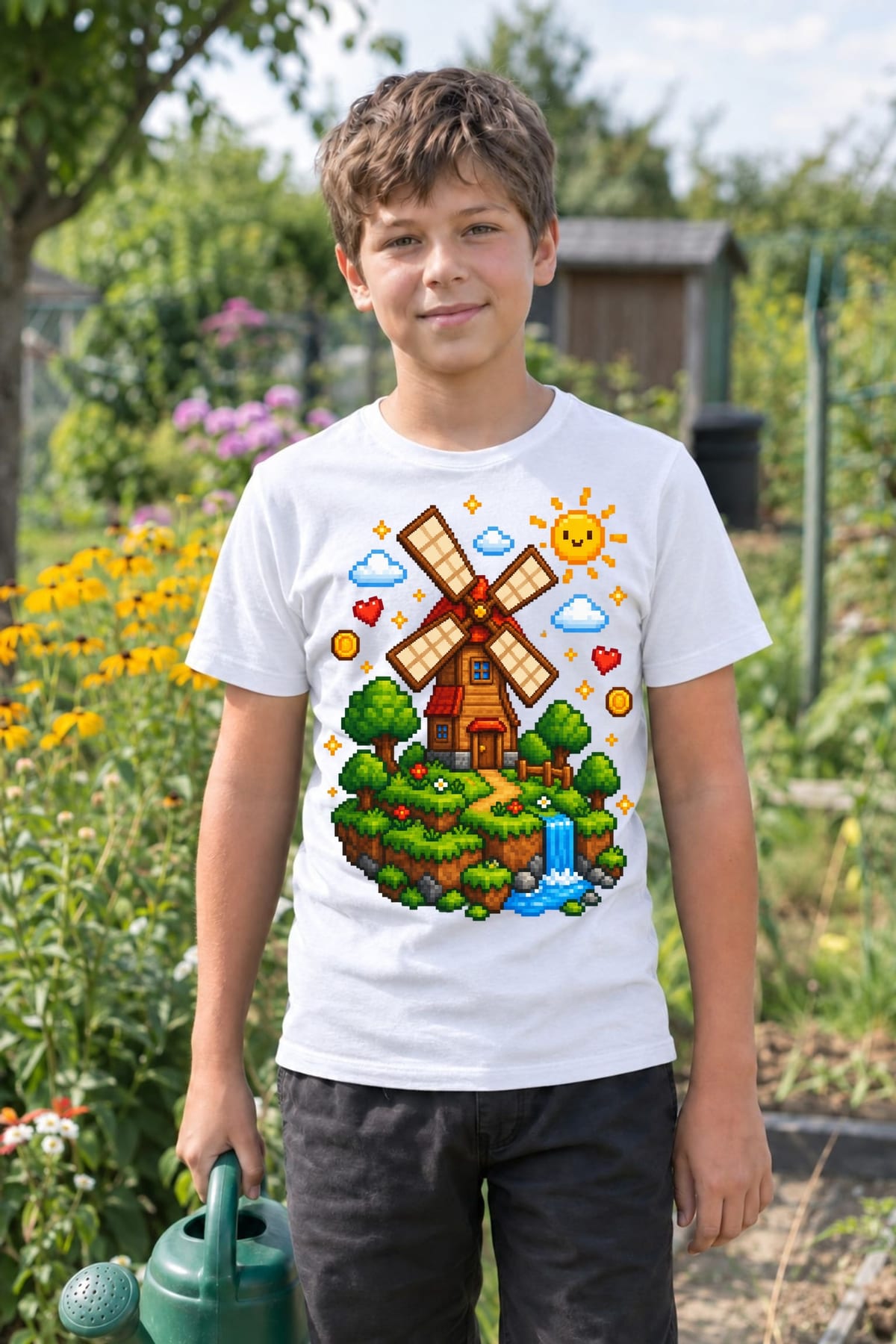Koszulka z wiatrakiem dla chłopca biała pixel art w stylu gry, zdjęcie 5