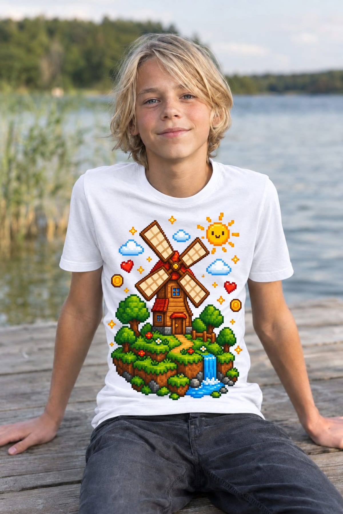 Koszulka z wiatrakiem dla chłopca biała pixel art w stylu gry, zdjęcie 7