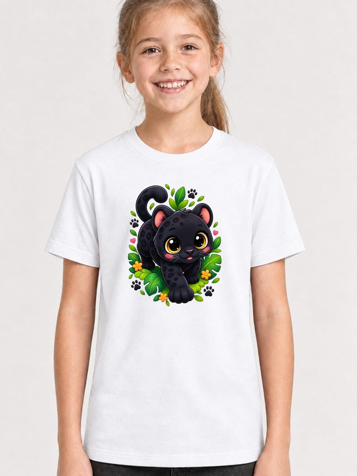Koszulka z panterą dla dziewczynki biała słodki kawaii styl, zdjęcie 1