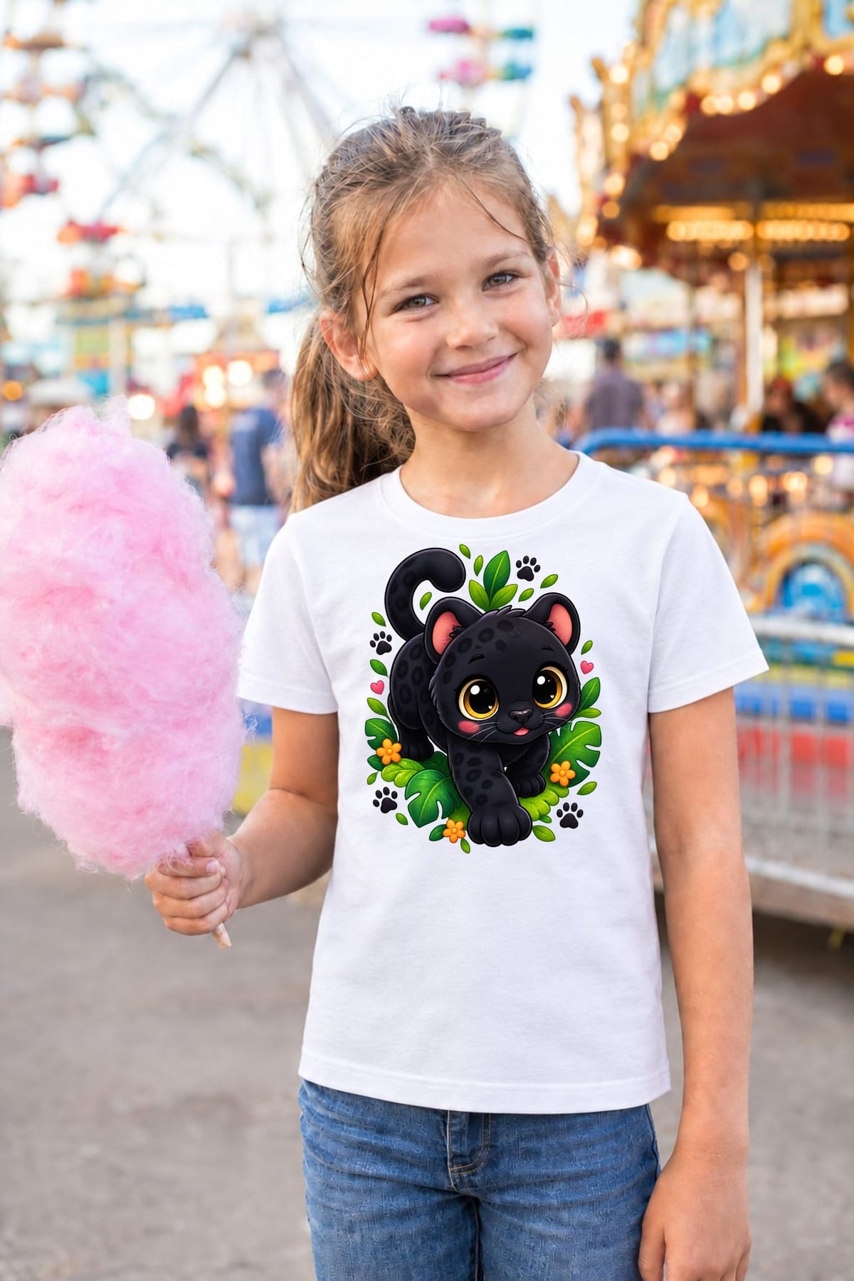 Koszulka z panterą dla dziewczynki biała słodki kawaii styl, zdjęcie 3