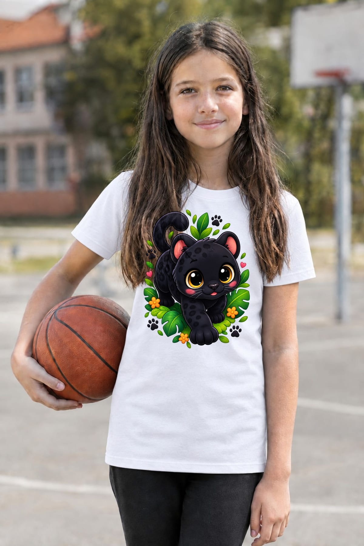 Koszulka z panterą dla dziewczynki biała słodki kawaii styl, zdjęcie 6