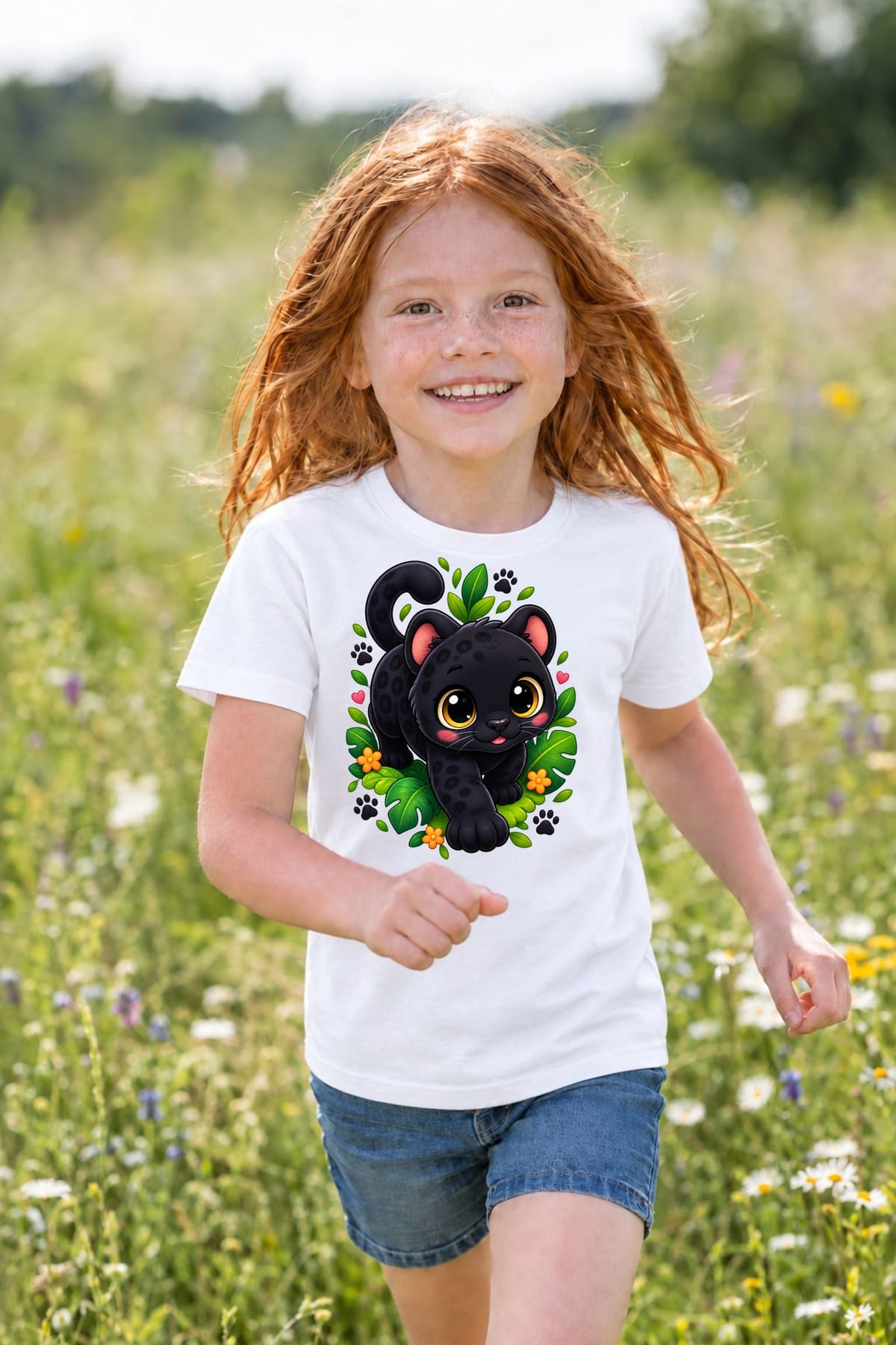 Koszulka z panterą dla dziewczynki biała słodki kawaii styl, zdjęcie 7