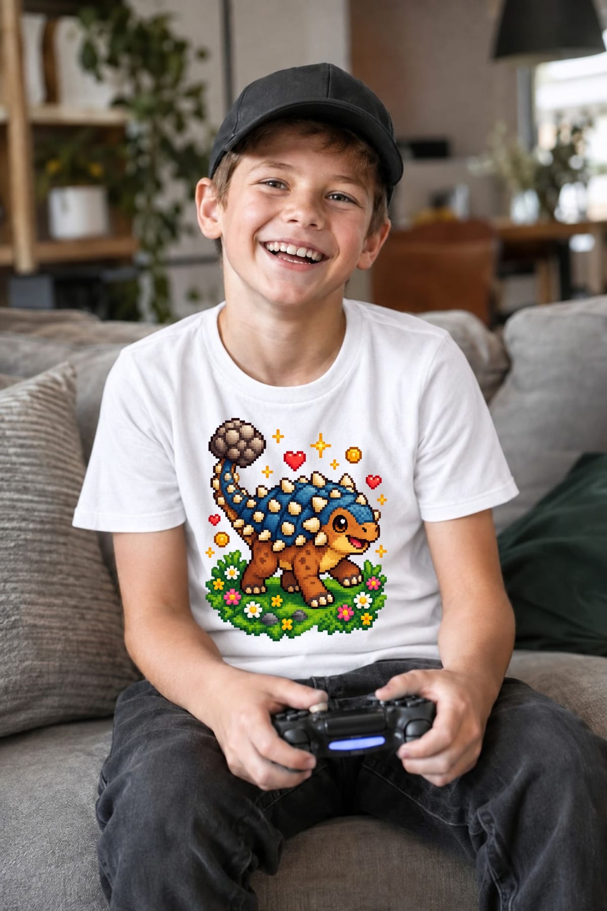 Koszulka z ankylozaurem pixel art dla chłopca biała dla dzieci, zdjęcie 4