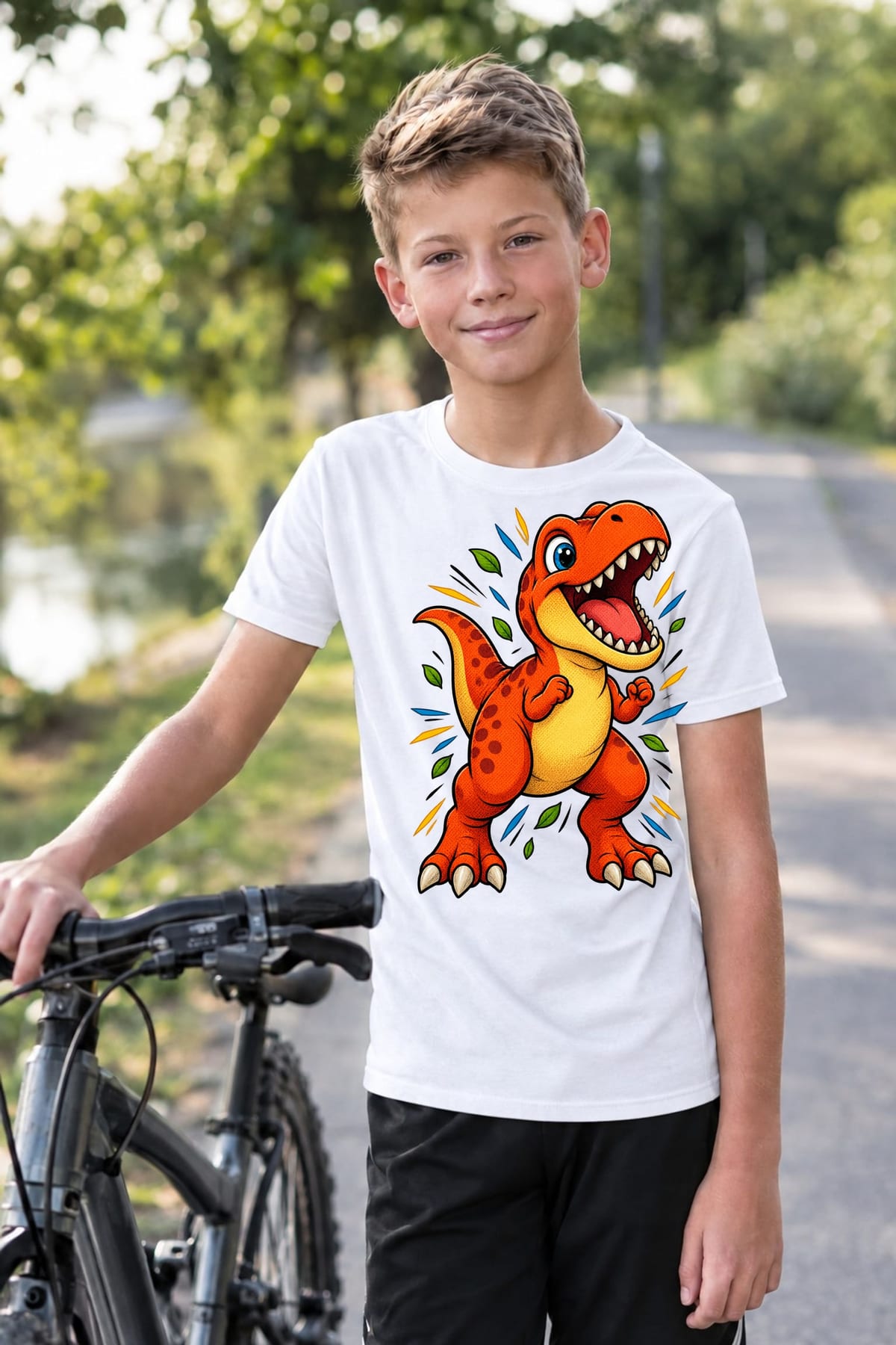 Koszulka z tyranozaurem dla chłopca biała w stylu komiksu, zdjęcie 3