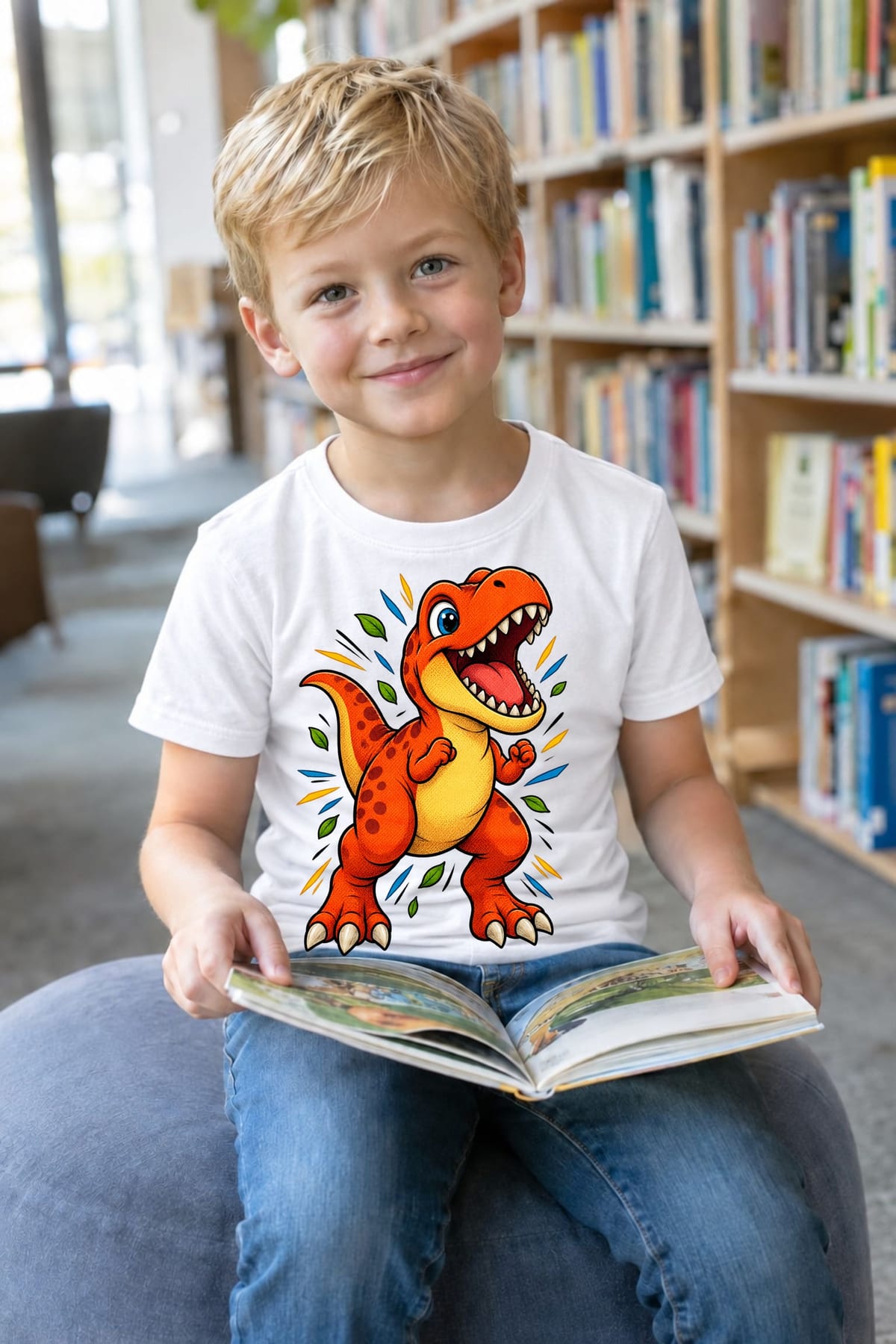 Koszulka z tyranozaurem dla chłopca biała w stylu komiksu, zdjęcie 4