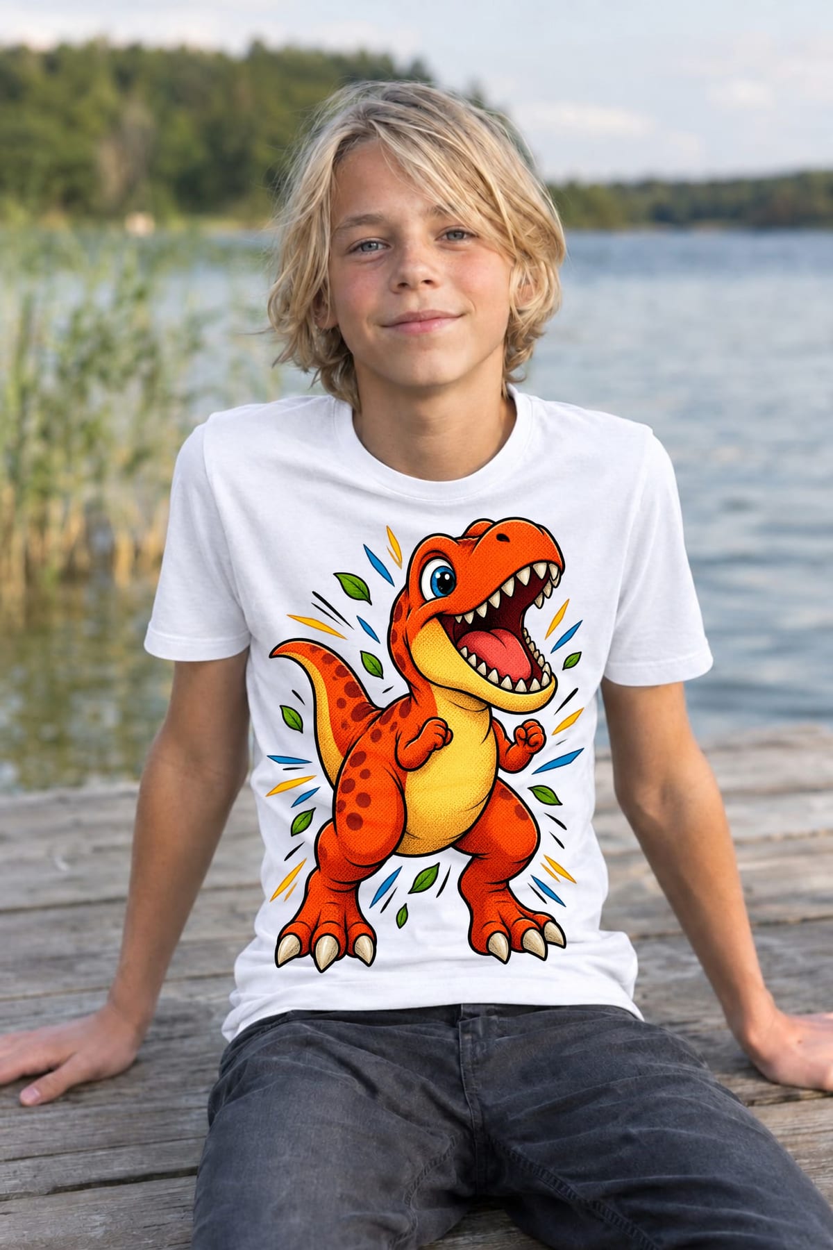 Koszulka z tyranozaurem dla chłopca biała w stylu komiksu, zdjęcie 6