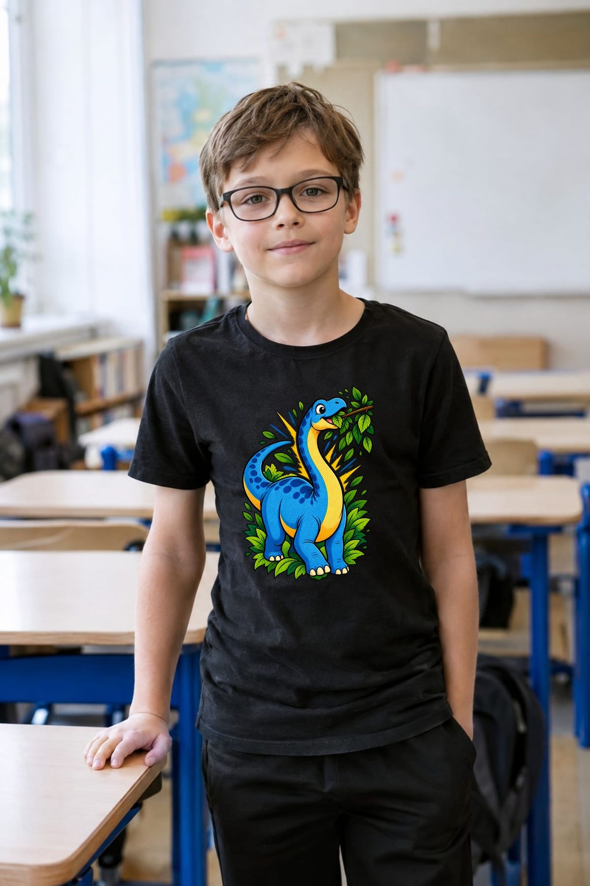 Koszulka z diplodokiem dla chłopca czarna styl komiksowy, zdjęcie 3