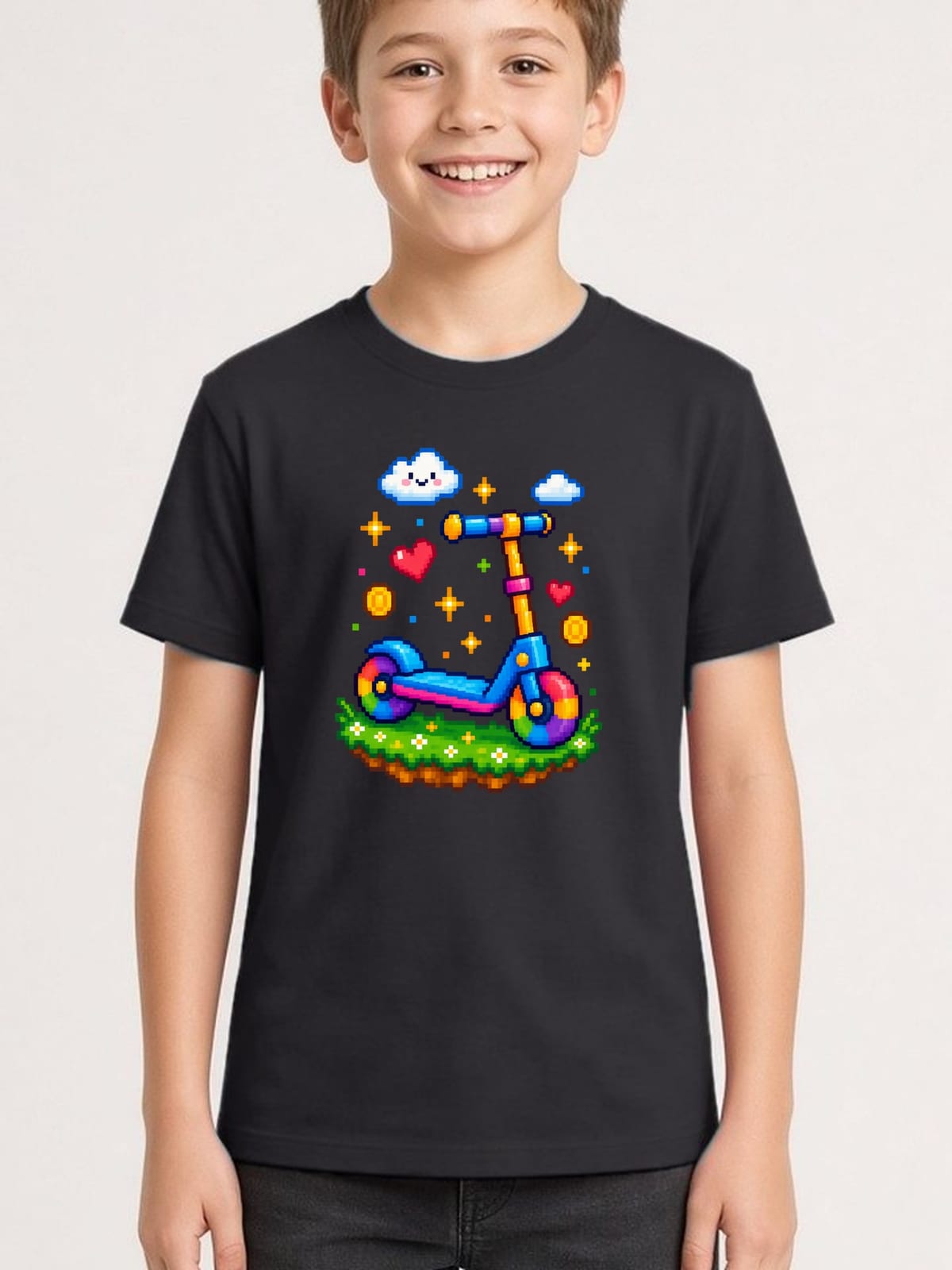 Koszulka z hulajnogą dla chłopca czarna pixel art, zdjęcie 1