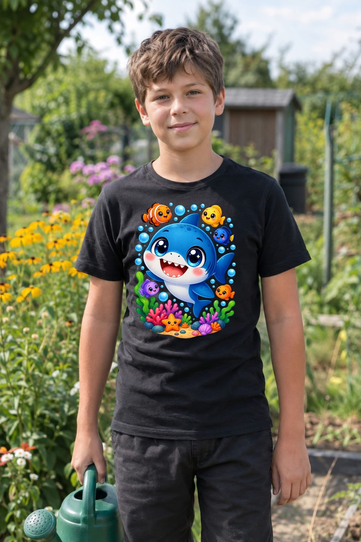 Koszulka z megalodonem dla chłopca czarna słodki styl kawaii, zdjęcie 4
