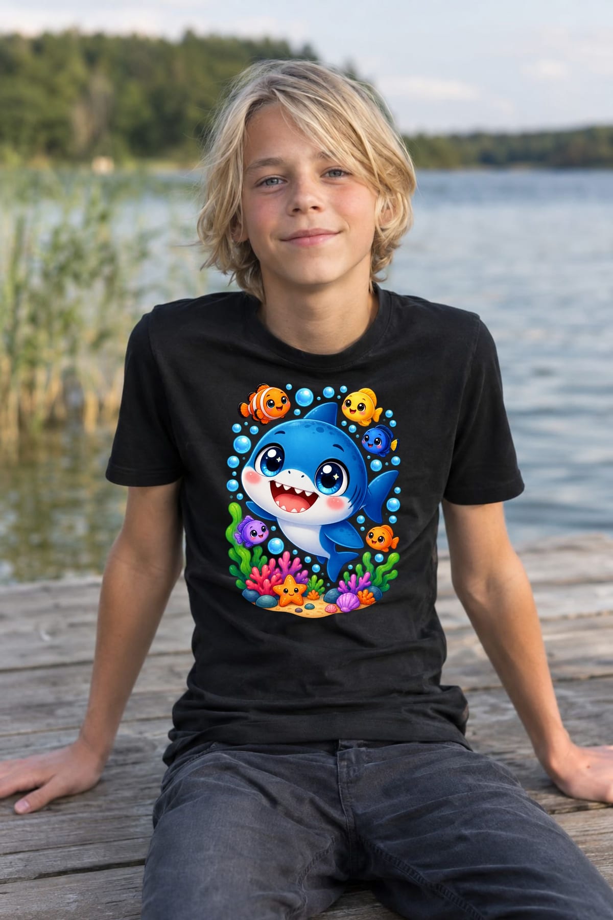 Koszulka z megalodonem dla chłopca czarna słodki styl kawaii, zdjęcie 8