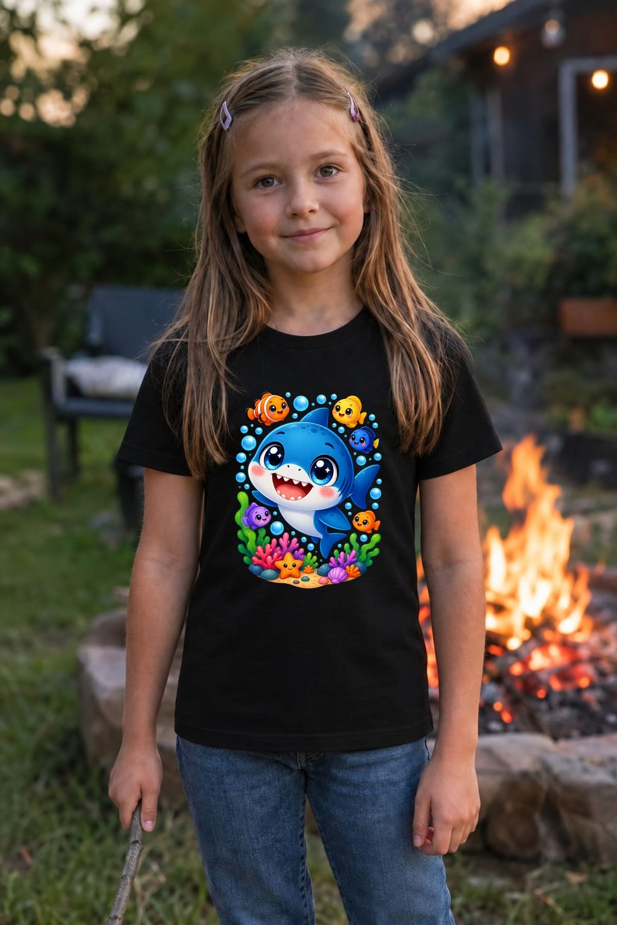 Koszulka z megalodonem dla dziewczynki czarna słodki kawaii, zdjęcie 4