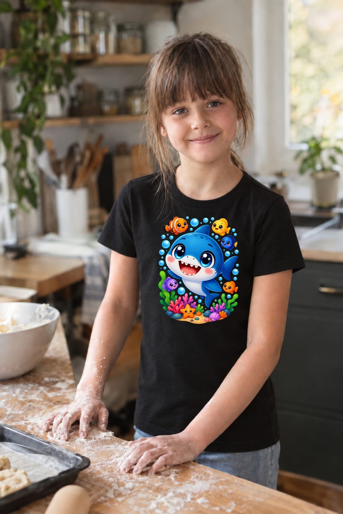 Koszulka z megalodonem dla dziewczynki czarna słodki kawaii, zdjęcie 5