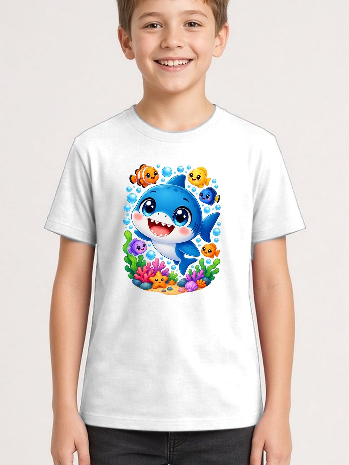 Koszulka z megalodonem dla chłopca biała słodki styl kawaii, zdjęcie 1
