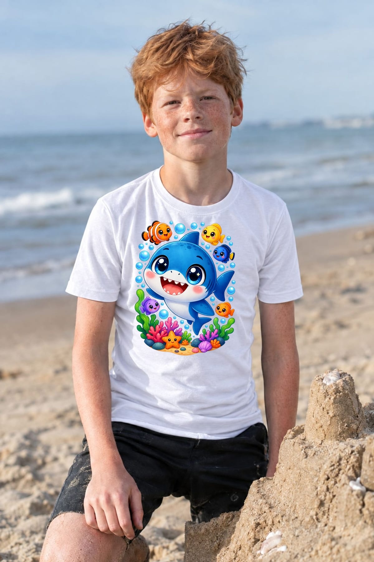 Koszulka z megalodonem dla chłopca biała słodki styl kawaii, zdjęcie 4