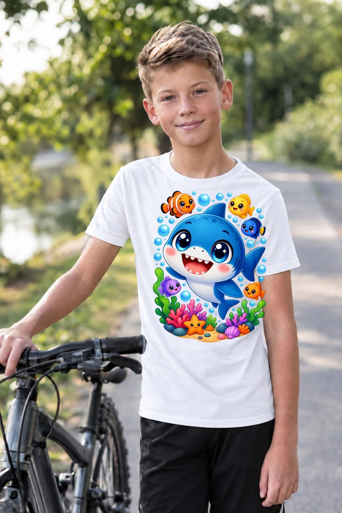 Koszulka z megalodonem dla chłopca biała słodki styl kawaii, zdjęcie 5