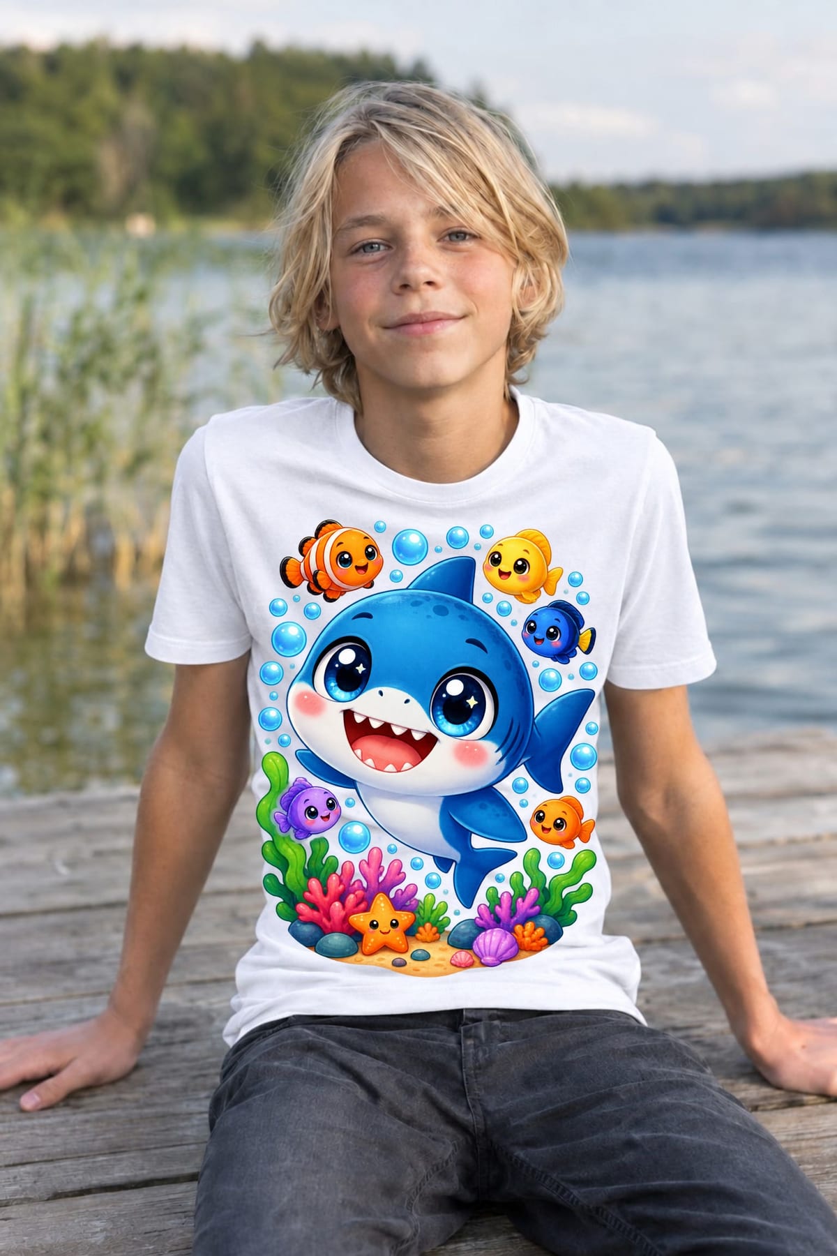 Koszulka z megalodonem dla chłopca biała słodki styl kawaii, zdjęcie 8