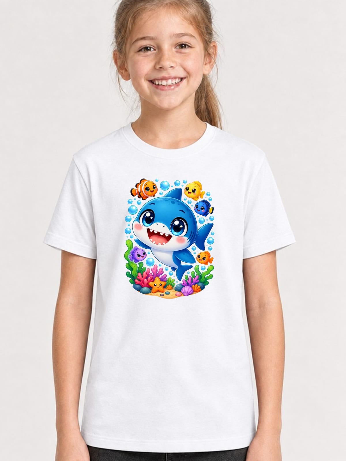 Koszulka z megalodonem dla dziewczynki biała słodki kawaii, zdjęcie 1