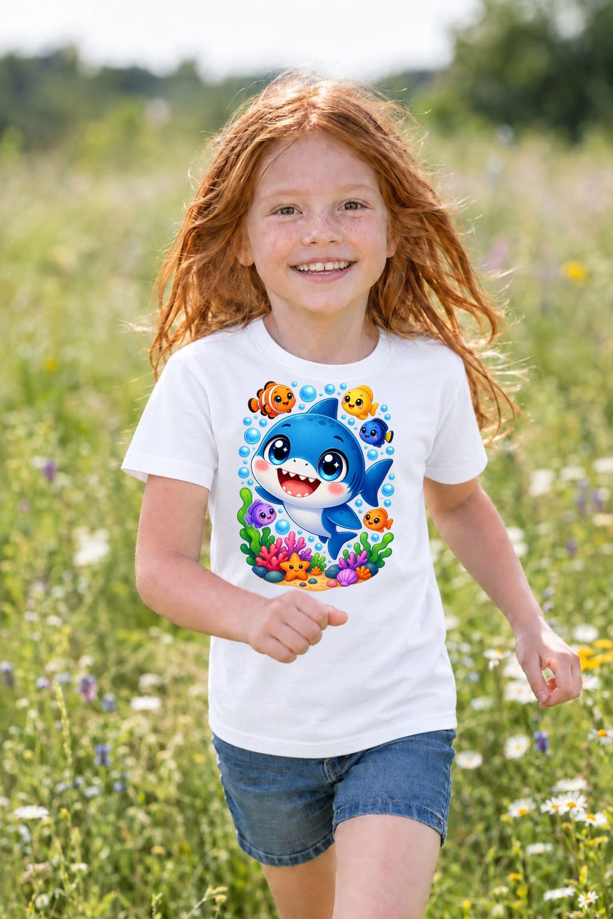 Koszulka z megalodonem dla dziewczynki biała słodki kawaii, zdjęcie 3