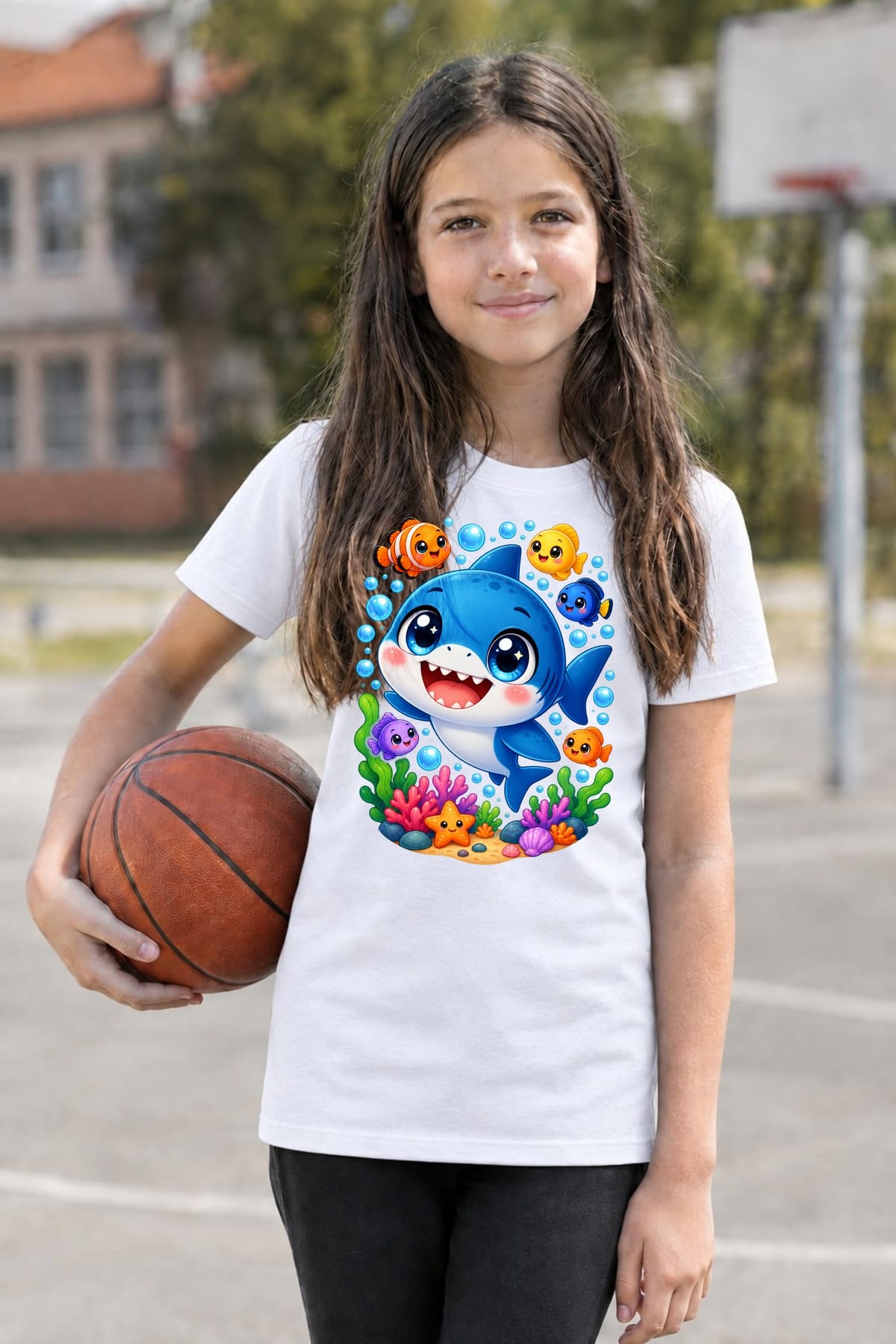Koszulka z megalodonem dla dziewczynki biała słodki kawaii, zdjęcie 4