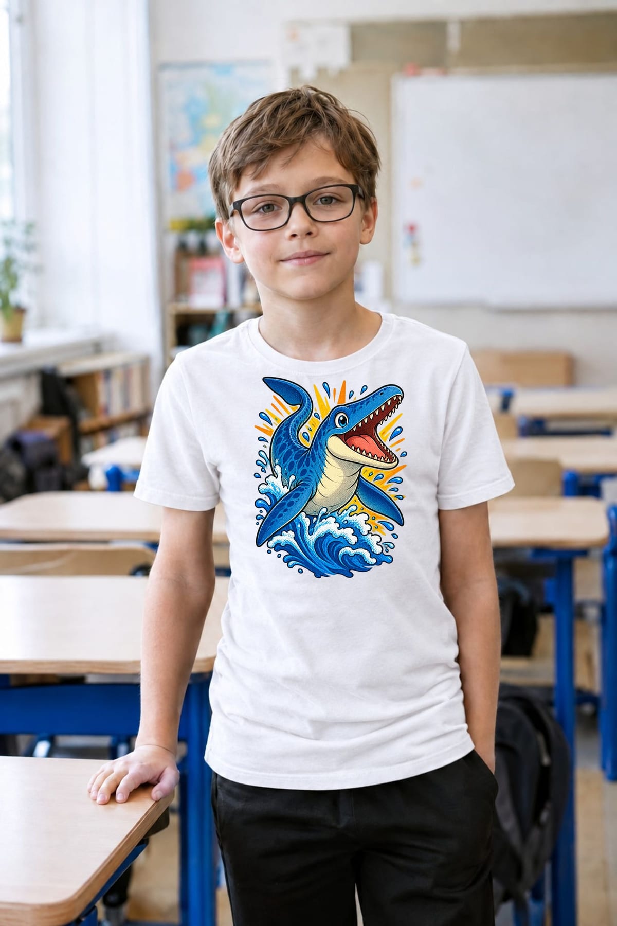 Koszulka z mozazaurem dla chłopca biała komiksowe kontury, zdjęcie 3