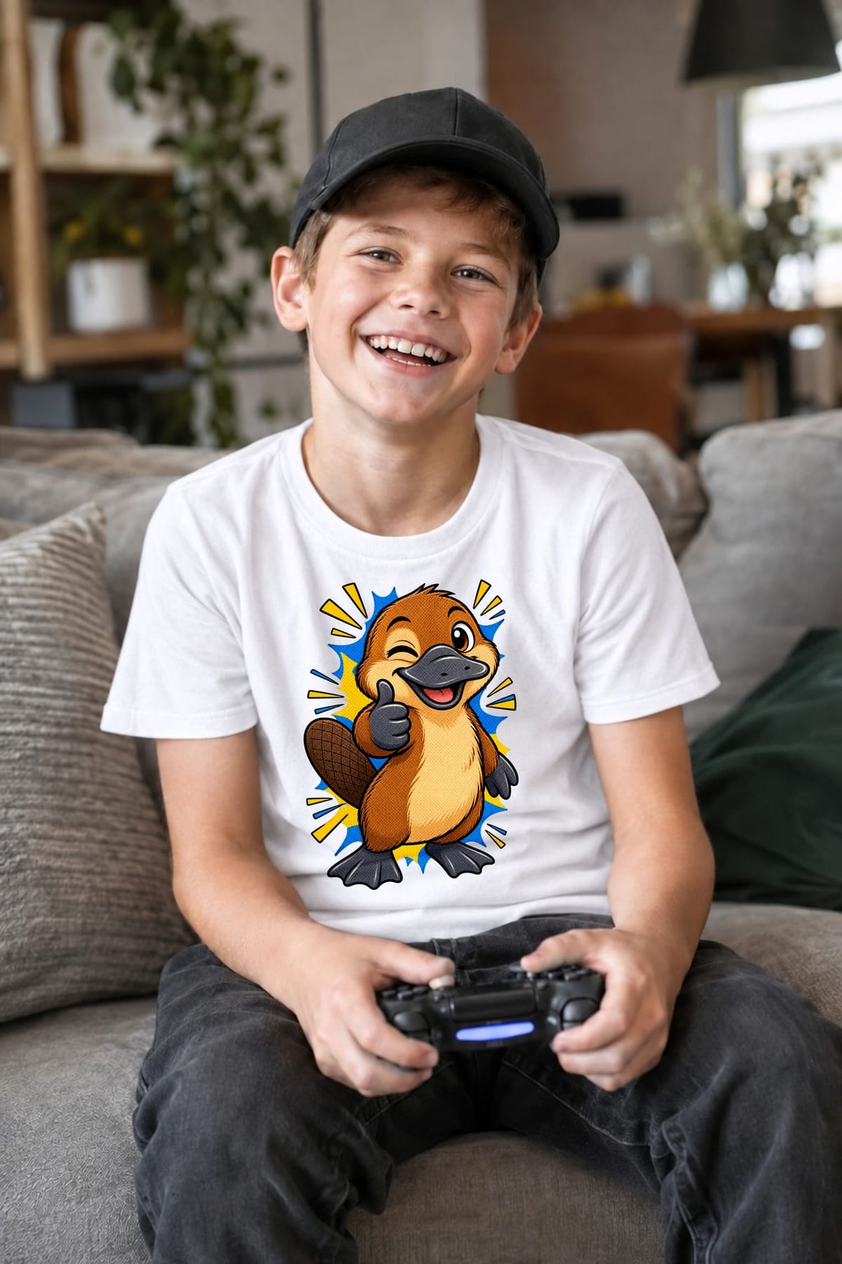 Koszulka z dziobakiem dla chłopca biała styl komiksowy, zdjęcie 5