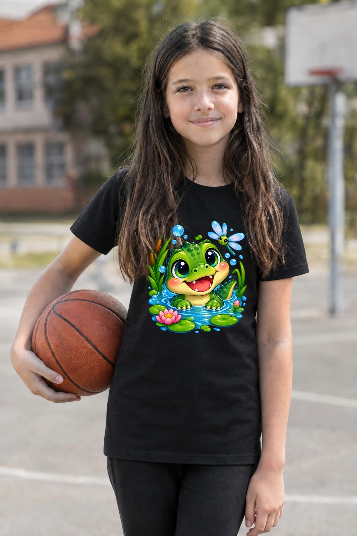 Koszulka z aligatorem dla dziewczynki czarna słodki kawaii, zdjęcie 6