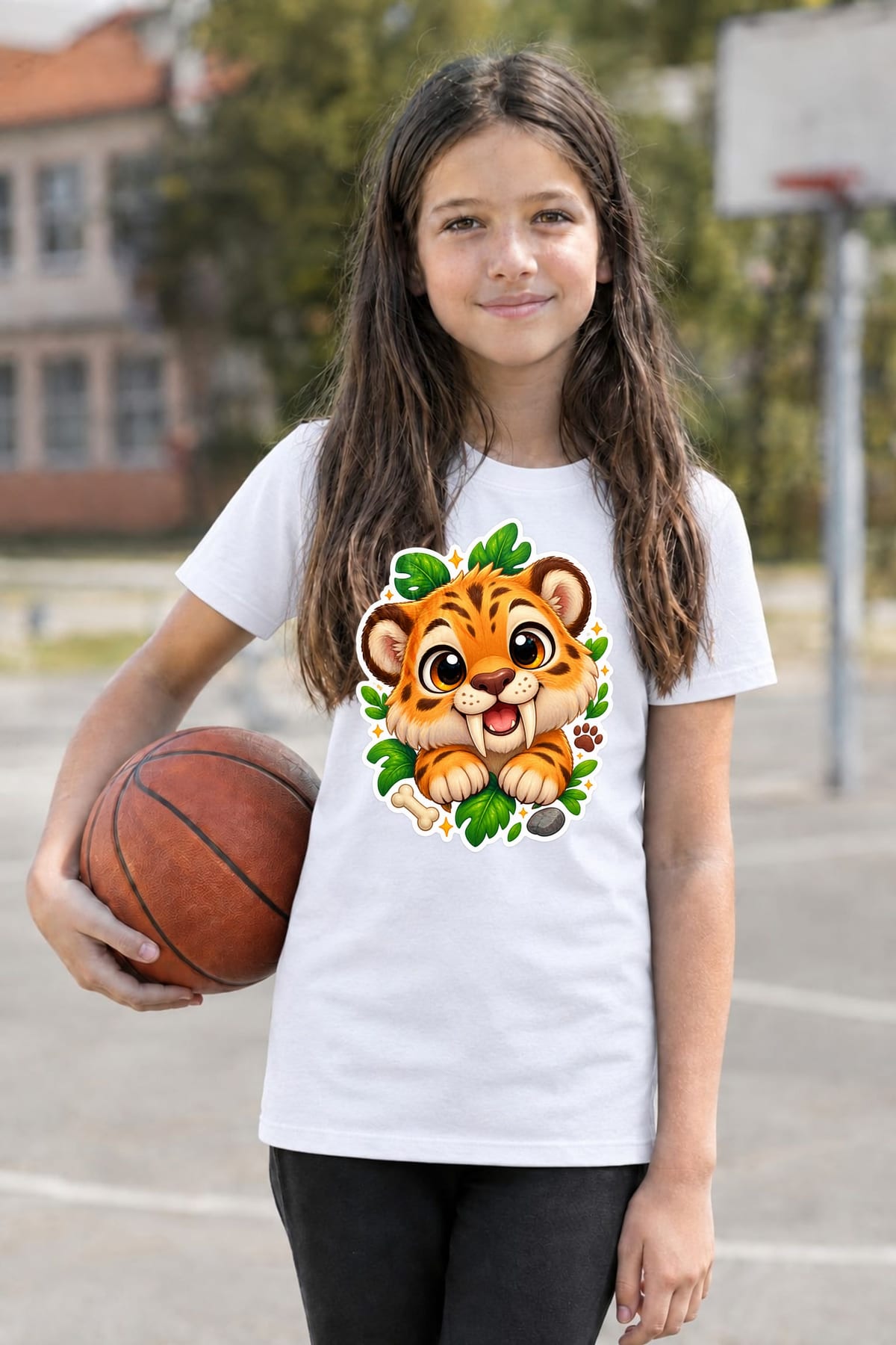 Koszulka z tygrysem szablozębnym dla dziewczynki biała naklejka, zdjęcie 5