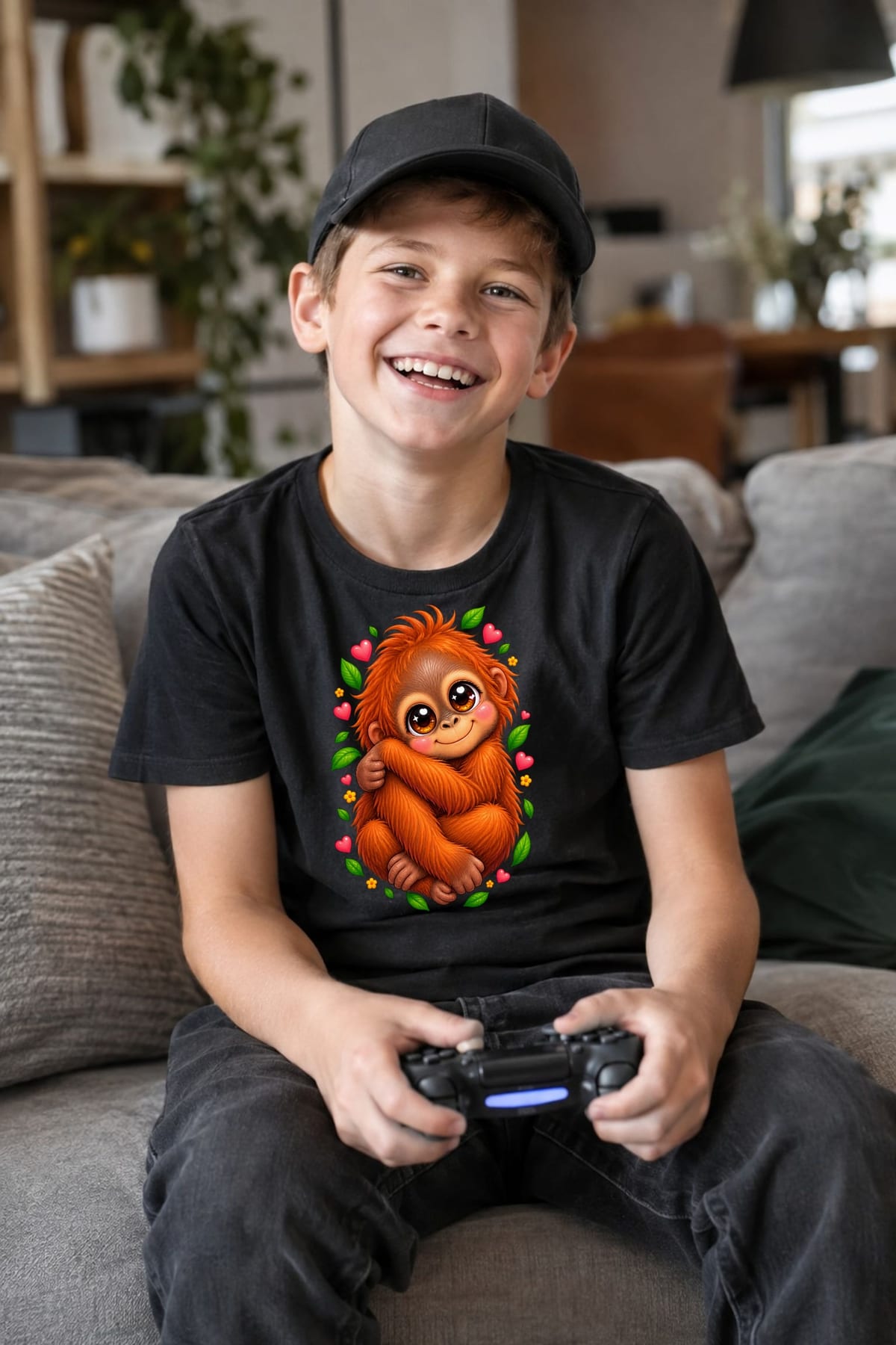 Koszulka dziecięca z orangutanem dla chłopca czarna słodki kawaii, zdjęcie 3