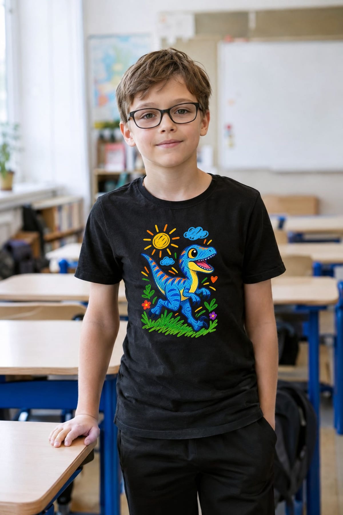 Koszulka dziecięca z welociraptorem dla chłopca czarna rysunek kredkami, zdjęcie 4