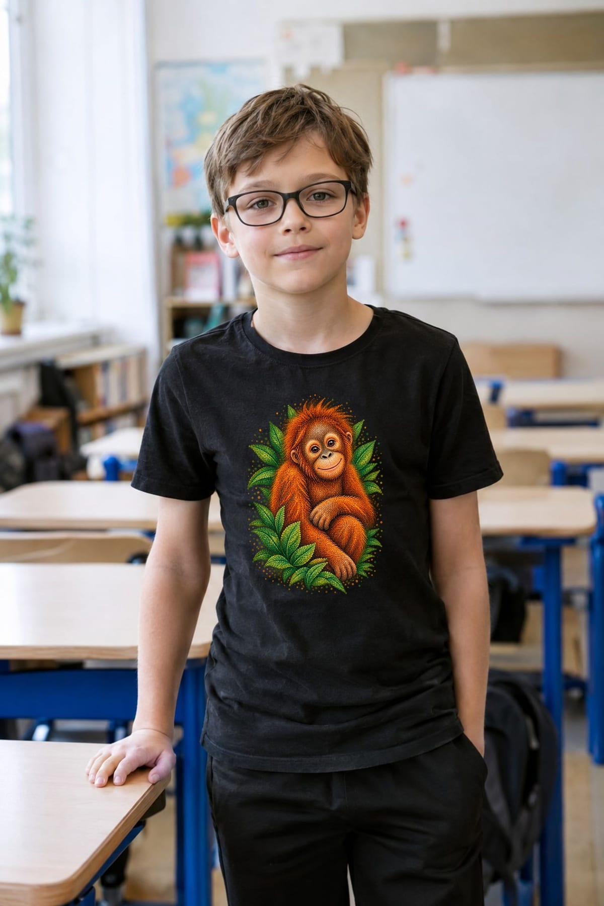Koszulka dziecięca z orangutanem dla chłopca czarna z kolorowych kropek, zdjęcie 4