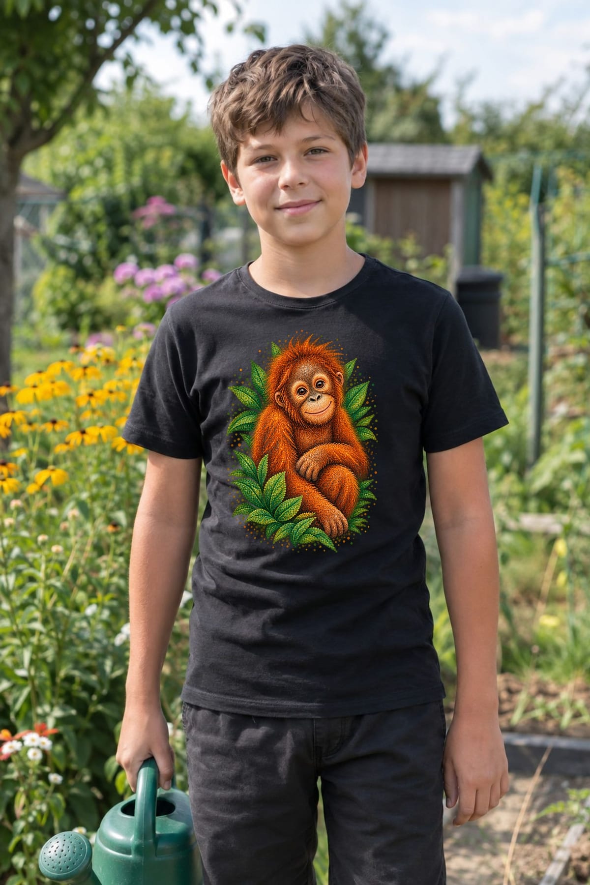 Koszulka dziecięca z orangutanem dla chłopca czarna z kolorowych kropek, zdjęcie 6