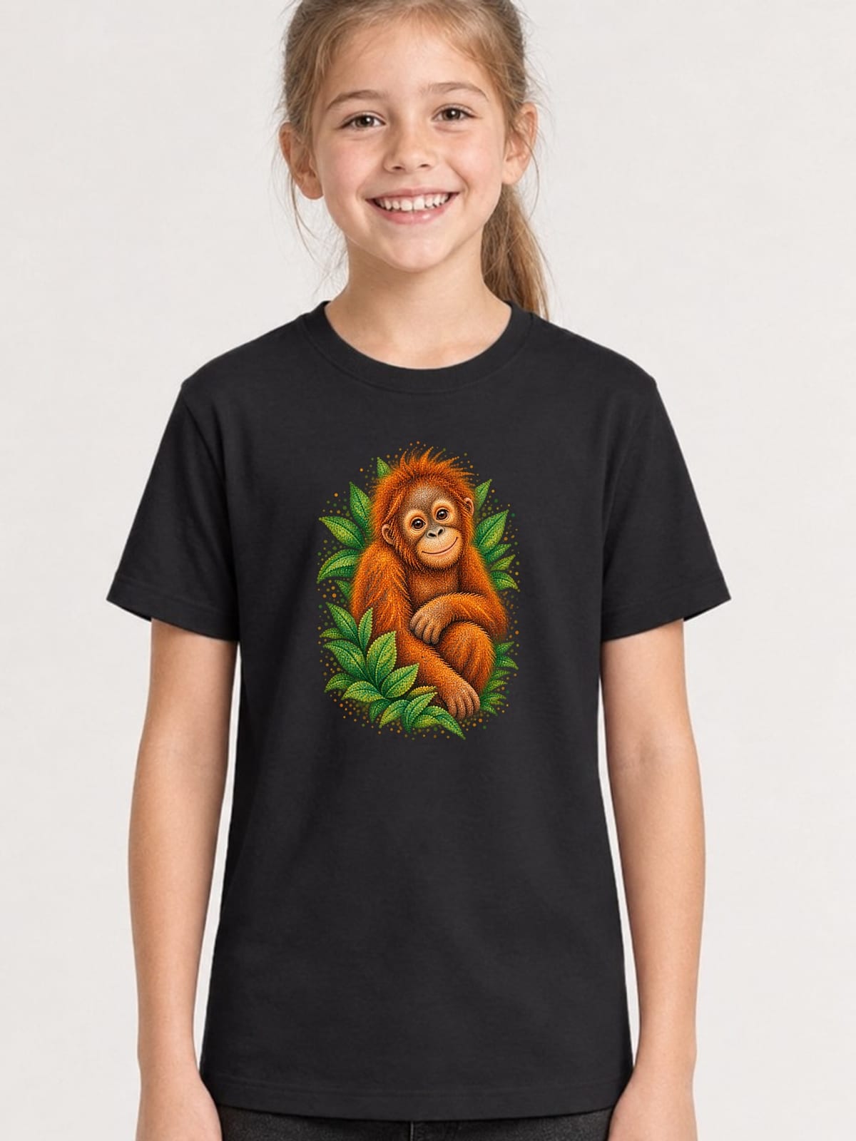 Koszulka dziecięca z orangutanem dla dziewczynki czarna z kolorowych kropek, zdjęcie 1