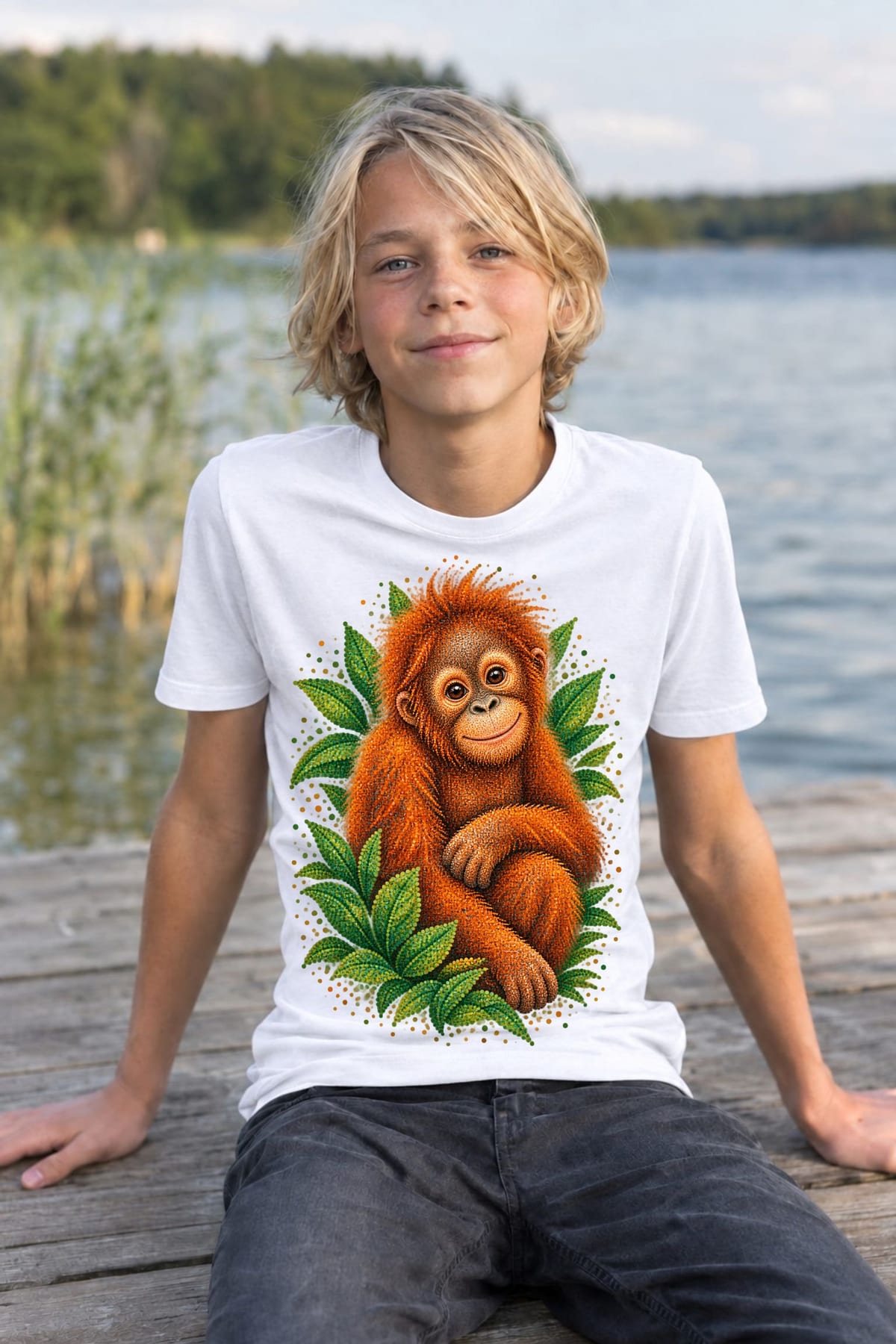 Koszulka dziecięca z orangutanem dla chłopca biała z kolorowych kropek, zdjęcie 3
