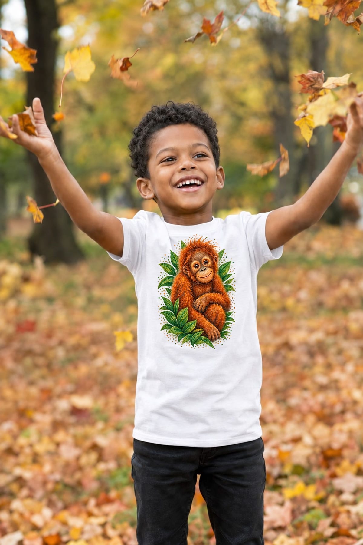 Koszulka dziecięca z orangutanem dla chłopca biała z kolorowych kropek, zdjęcie 5