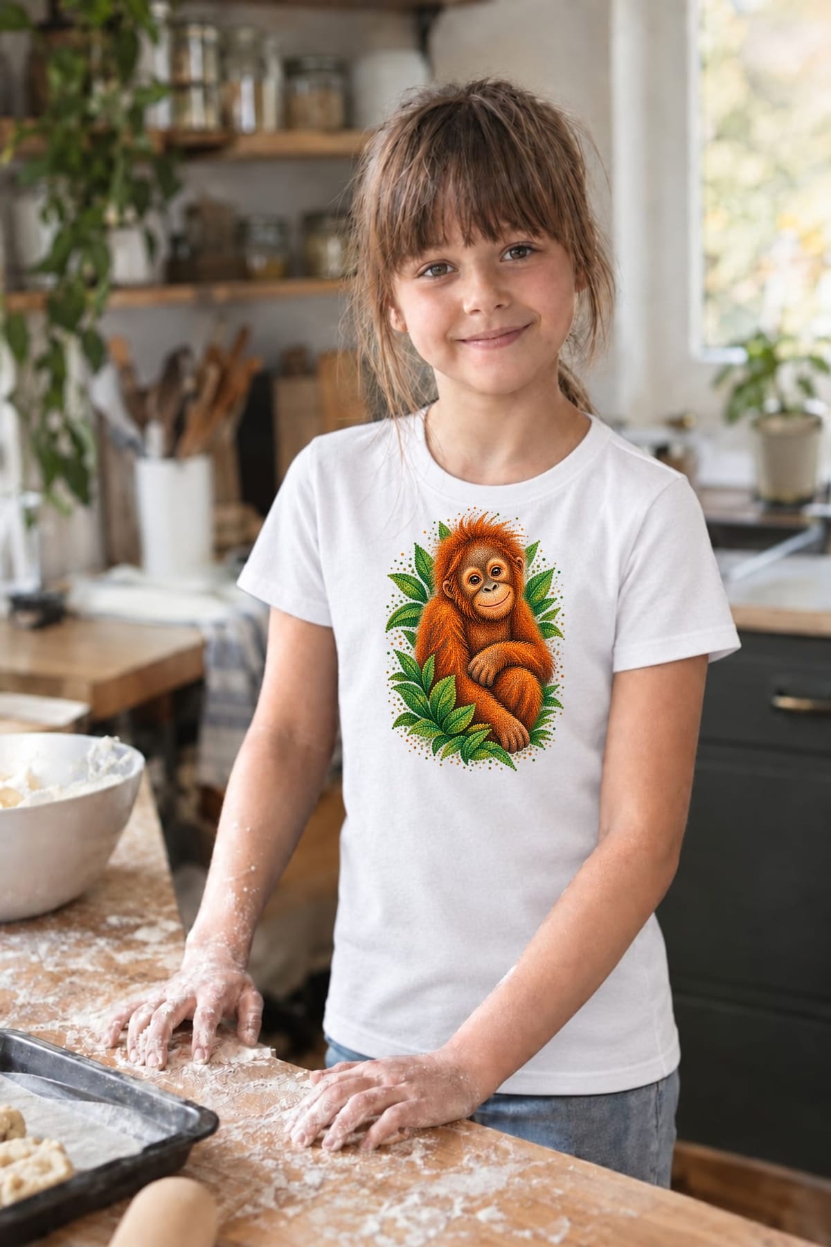Koszulka dziecięca z orangutanem dla dziewczynki biała z kolorowych kropek, zdjęcie 5