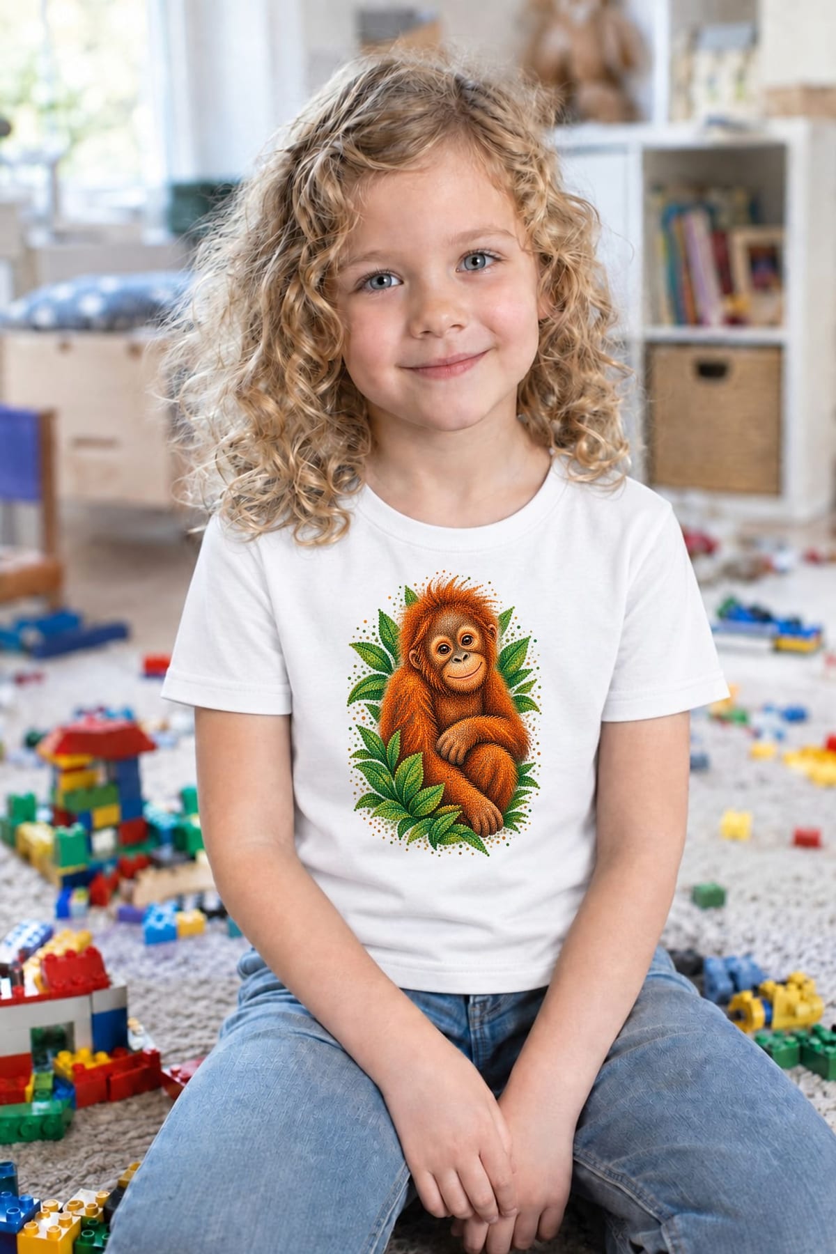 Koszulka dziecięca z orangutanem dla dziewczynki biała z kolorowych kropek, zdjęcie 6