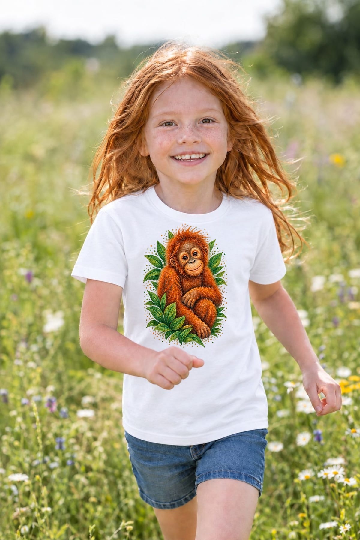 Koszulka dziecięca z orangutanem dla dziewczynki biała z kolorowych kropek, zdjęcie 7