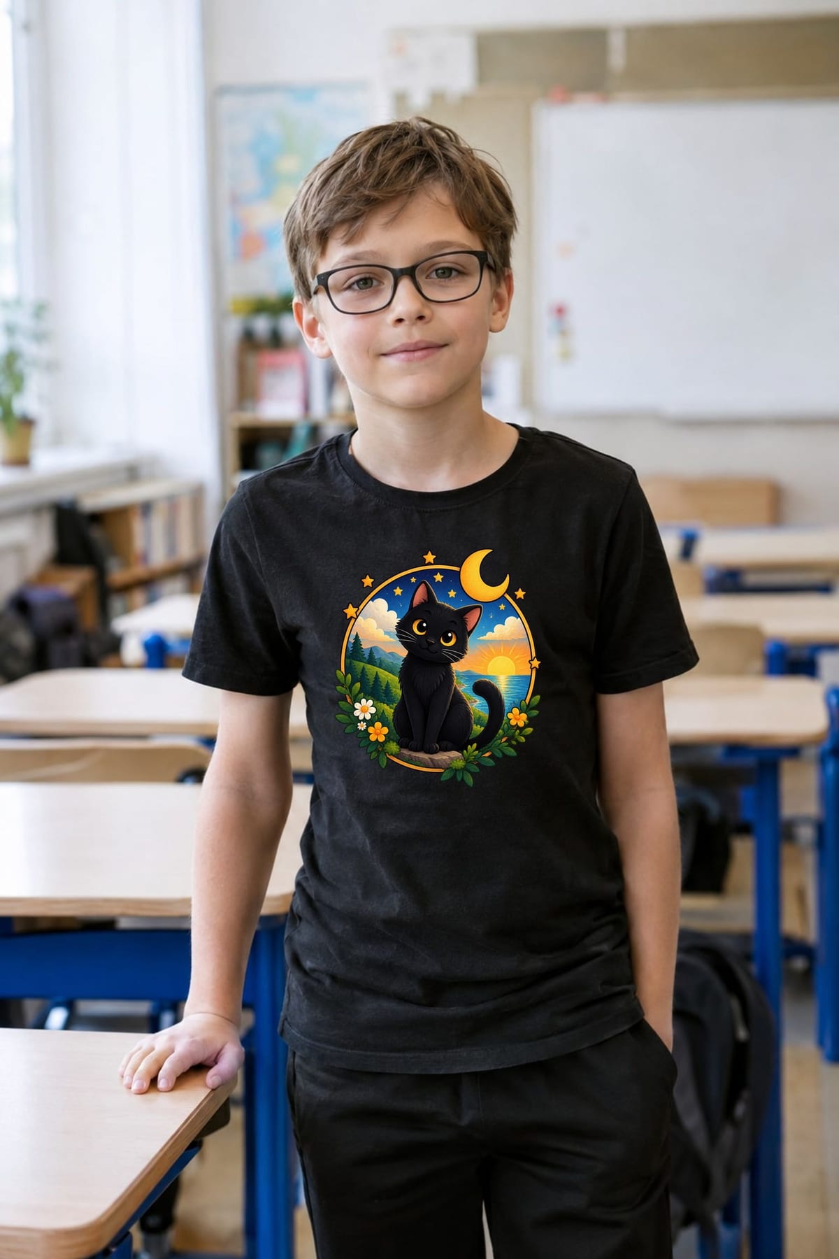 Koszulka z czarnym kotem dla chłopca czarna okrągła odznaka, zdjęcie 3