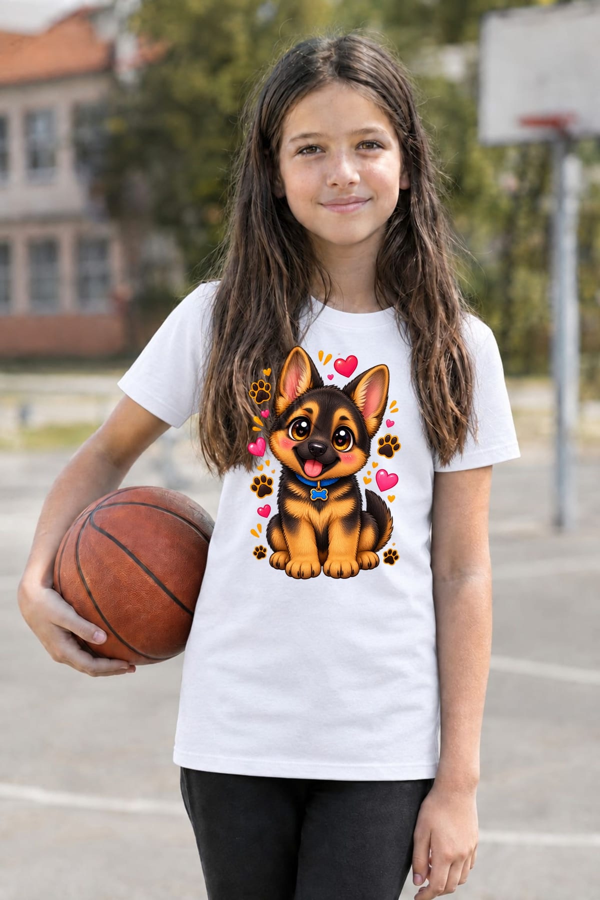 Koszulka dla dziewczynki z owczarkiem niemieckim biała kawaii, zdjęcie 6