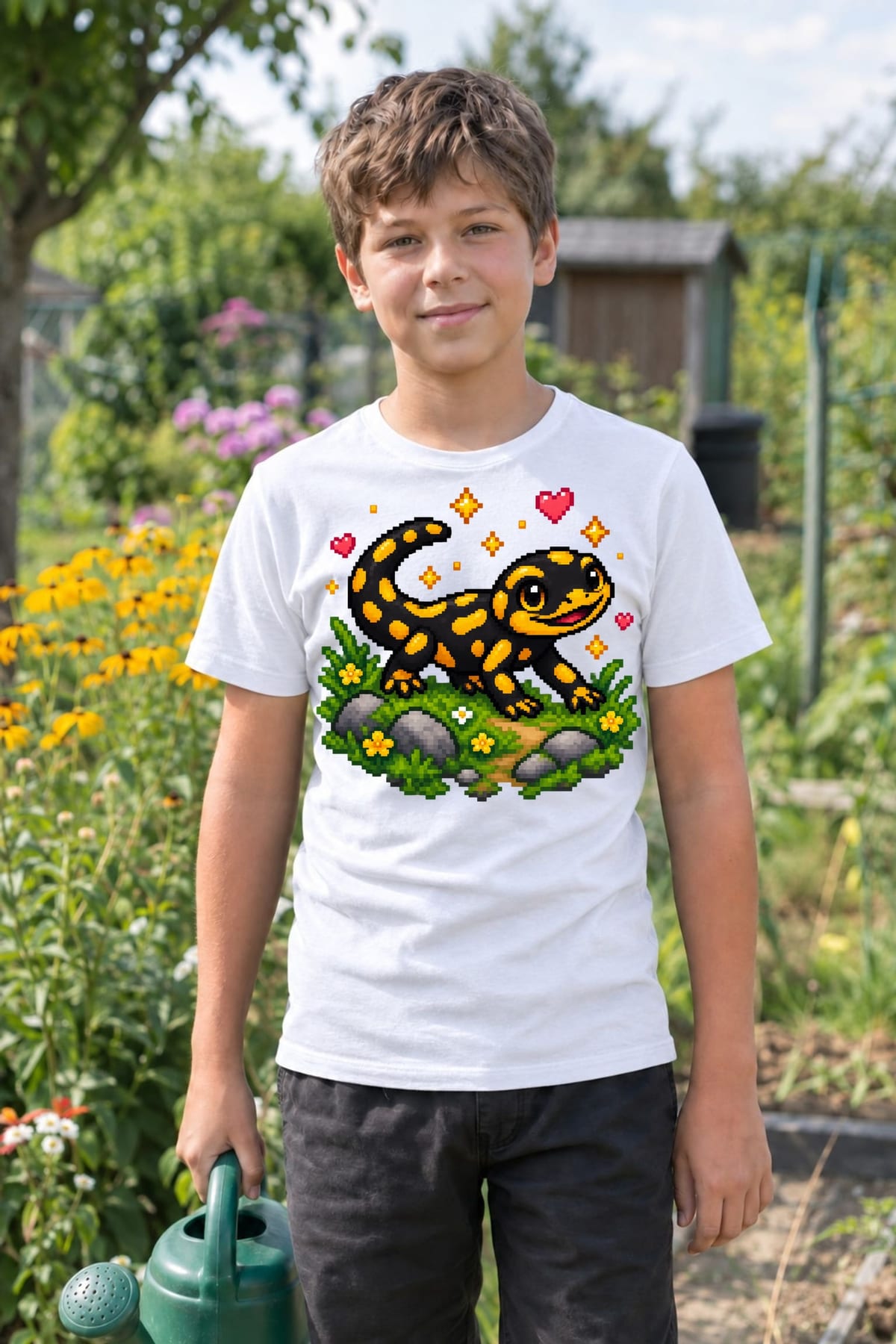 Koszulka z salamandrą dla chłopca biała pixel art, zdjęcie 5