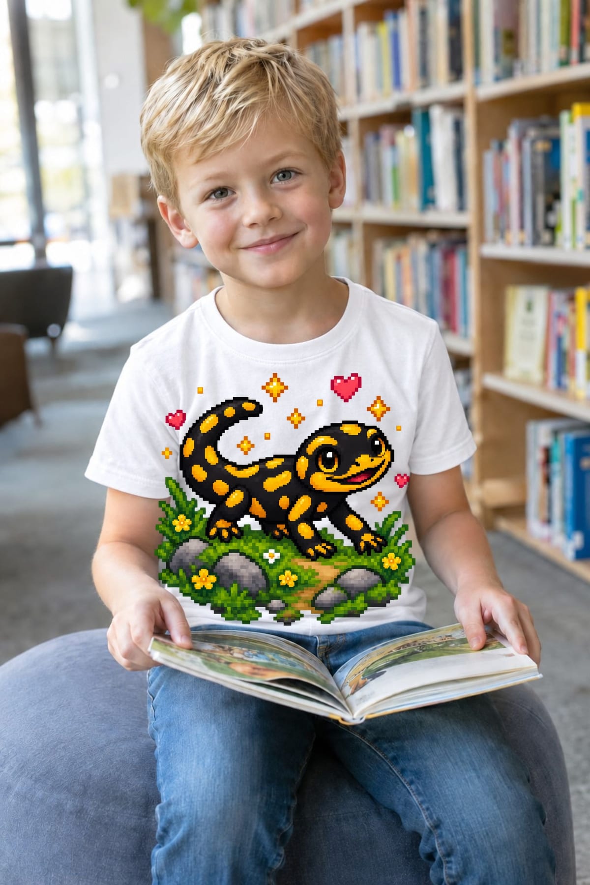 Koszulka z salamandrą dla chłopca biała pixel art, zdjęcie 7