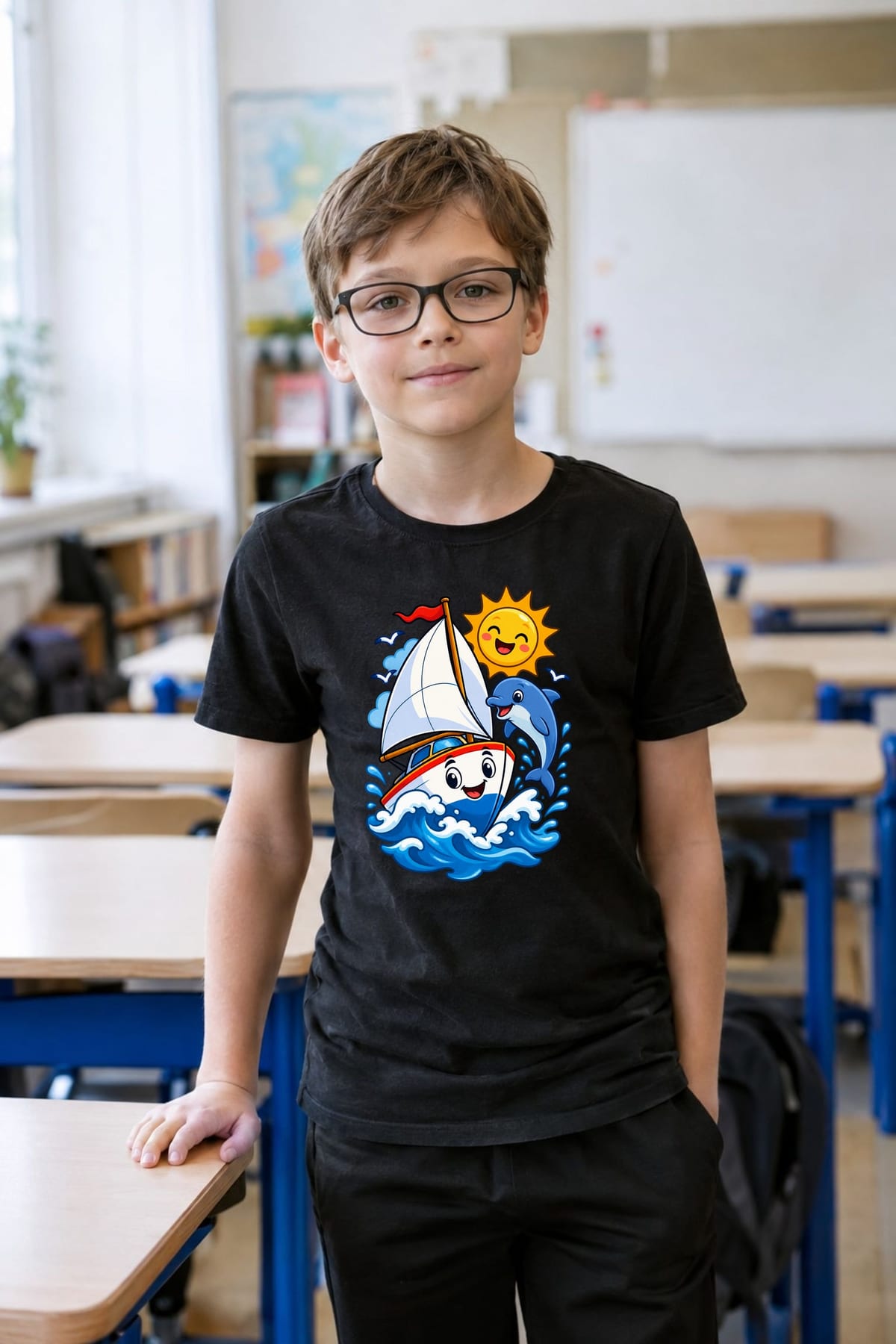 Koszulka dziecięca z żaglówką dla chłopca czarna wesoła bajka z delfinem, zdjęcie 6