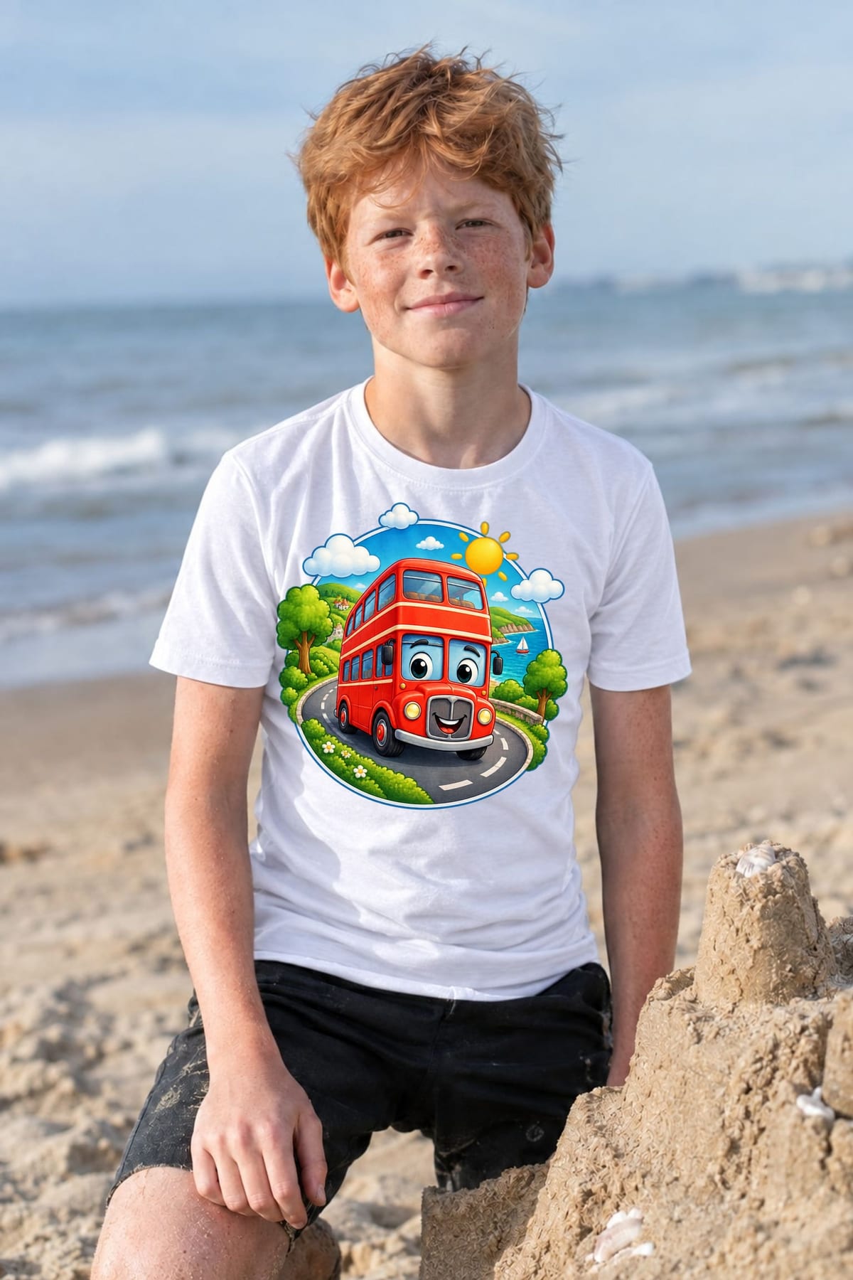 Koszulka z autobusem piętrowym dla chłopca biała odznaka, zdjęcie 6