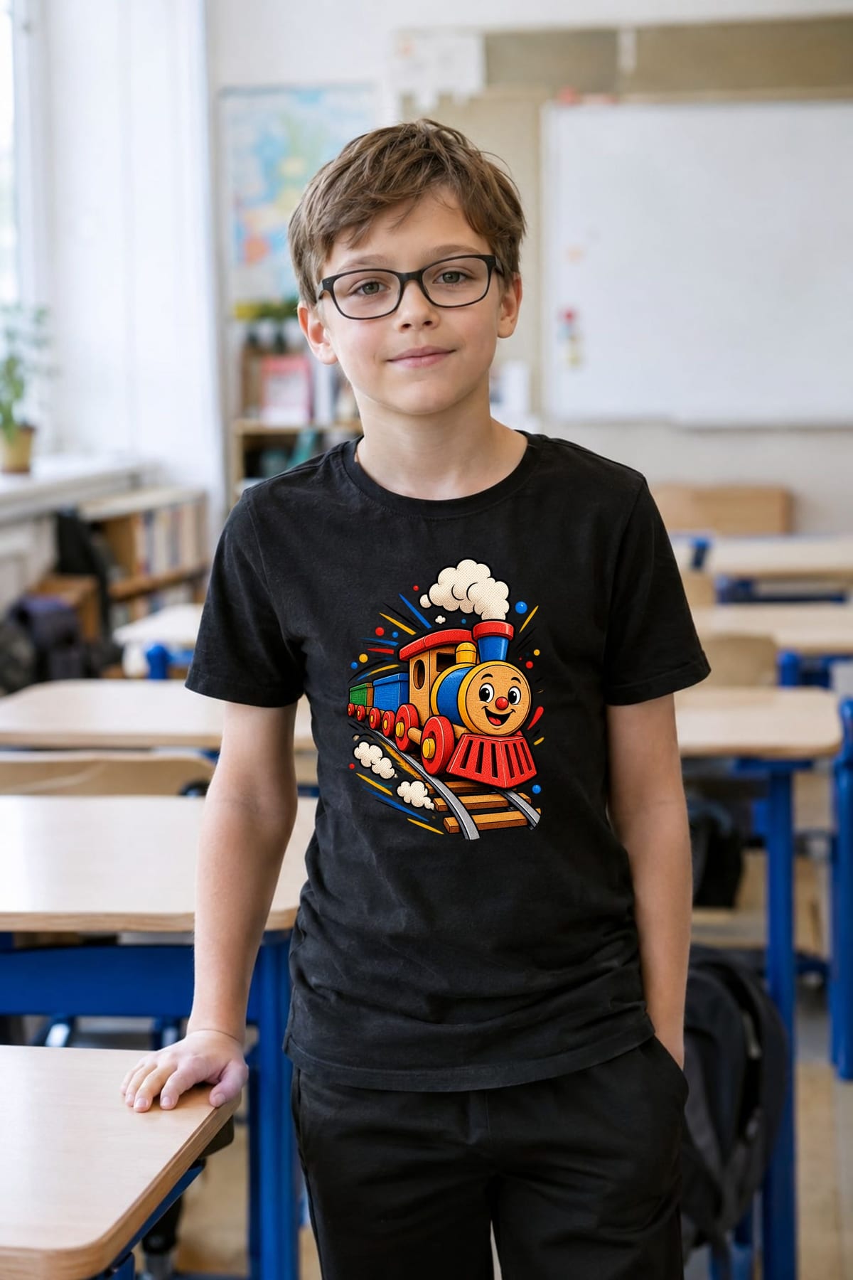 Koszulka z kolejką dla chłopca czarna styl komiksowy, zdjęcie 5