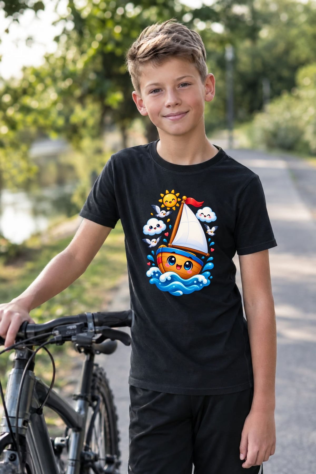 Koszulka z żaglówką dla chłopca czarna słodki kawaii, zdjęcie 4